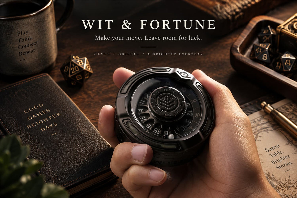 Hand holding a black D20 Decision Roulette with numbered wheels.