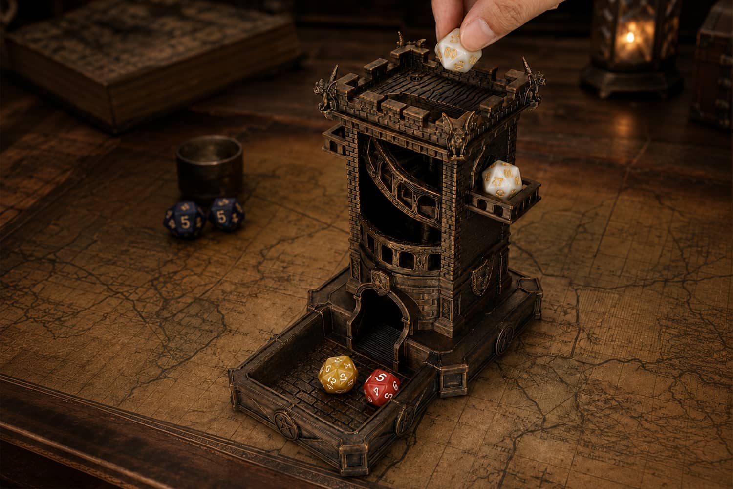 Gargoyle Keep Dice Tower with an open spiral rolling path and catch tray.