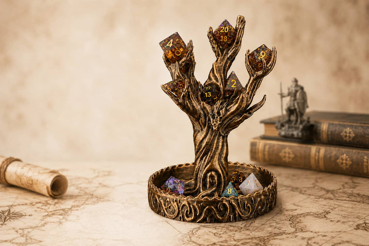 Ancient Tree Dice Display holding colorful polyhedral dice among its branches.
