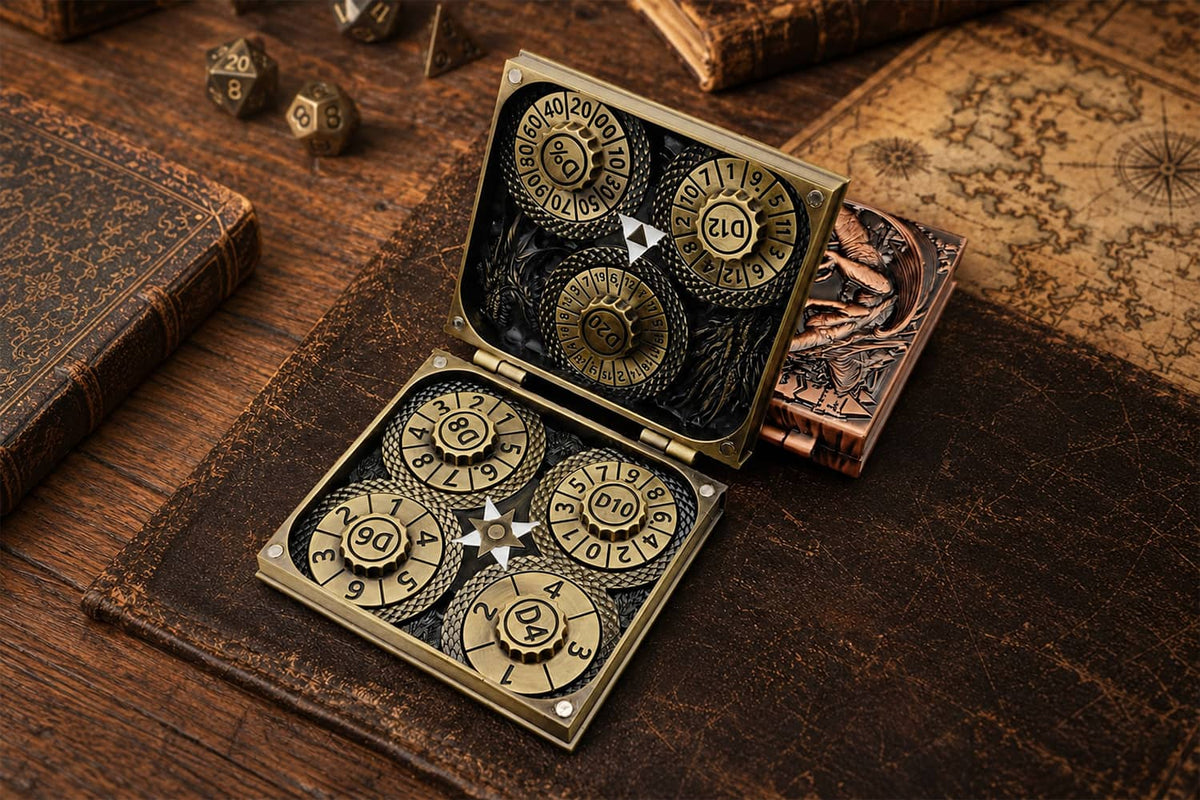 An open antique bronze 7-in-1 Dice Codex showing its numbered RPG spinner dials.
