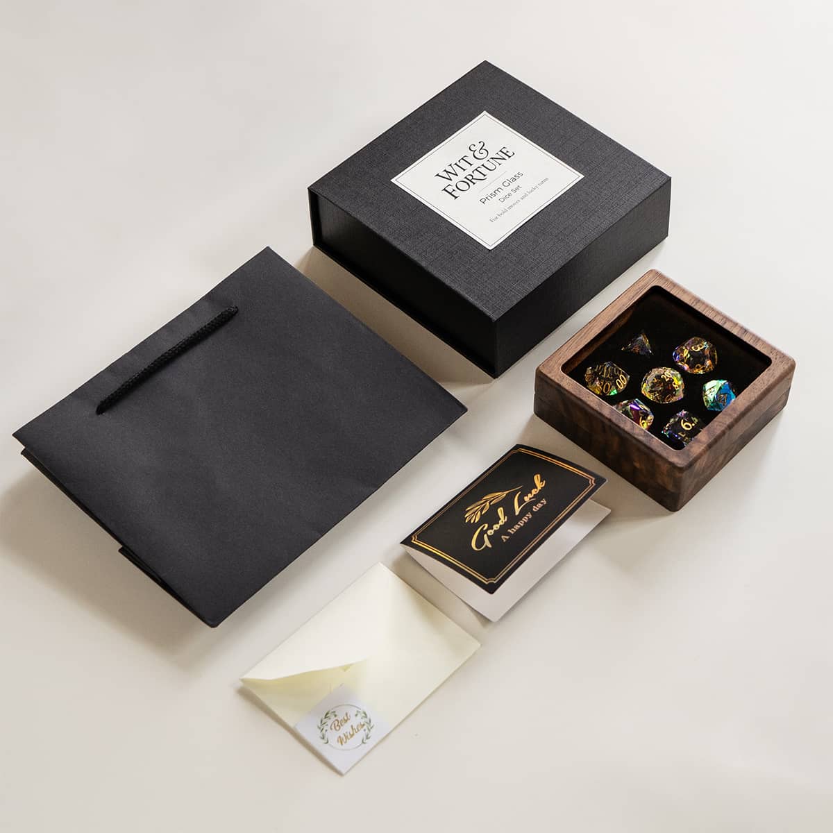 Glass dice gift set with wooden case, black box, gift bag and greeting card.