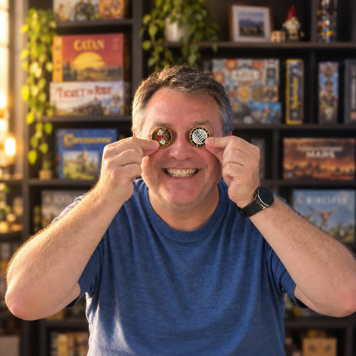 Smiling man holding two illustrated coins over his eyes in front of board game shelves.
