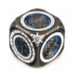 Silver and blue 7-in-1 metal RPG spinner dice without the display base.