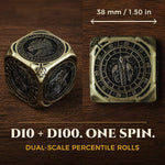 Antique gold 38 mm spinner dice showing dual-scale D10 and D100 percentile dials.