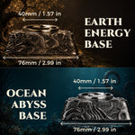 Earth and ocean dragon display bases for D01 spinner dice, each measuring 76 mm wide.