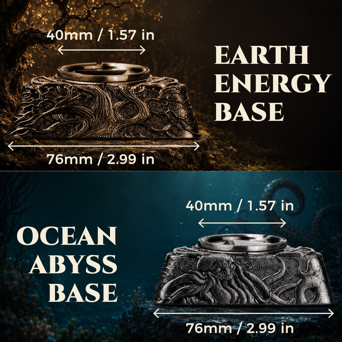 Earth and ocean dragon display bases for D01 spinner dice, each measuring 76 mm wide.
