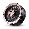Schwarz-roségoldfarbener D20-Roulette-Spinner aus Metall mit nummeriertem Rad vor weißem Hintergrund.
