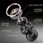 Exploded view of the metal D20 decision spinner showing its numbered wheel, bearings, lens and steel ball.