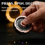 Rose gold and black metal D20 decision spinner pressed by hand to generate a numbered result.