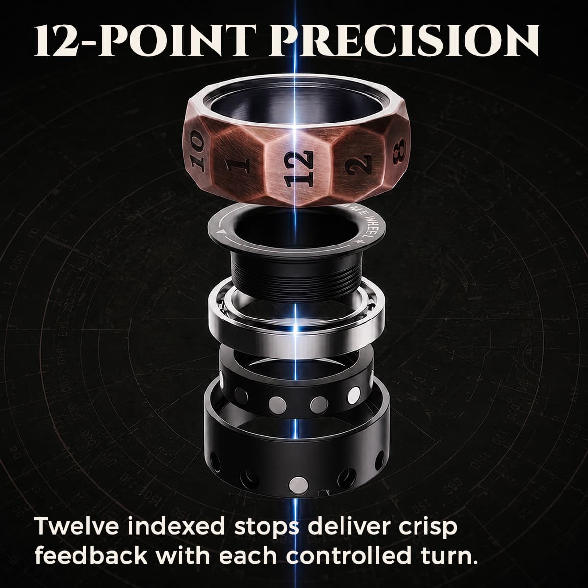 Exploded view of the D12 decision ring bearing system and indexed magnetic components.