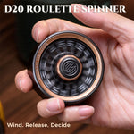 Hand holding a bronze D20 roulette spinner as the numbered wheel spins.