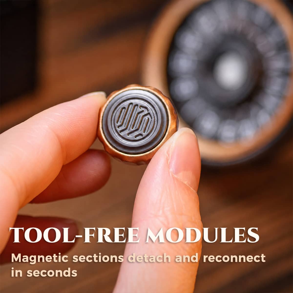Hand holding the removable magnetic center module beside a bronze D20 roulette spinner.
