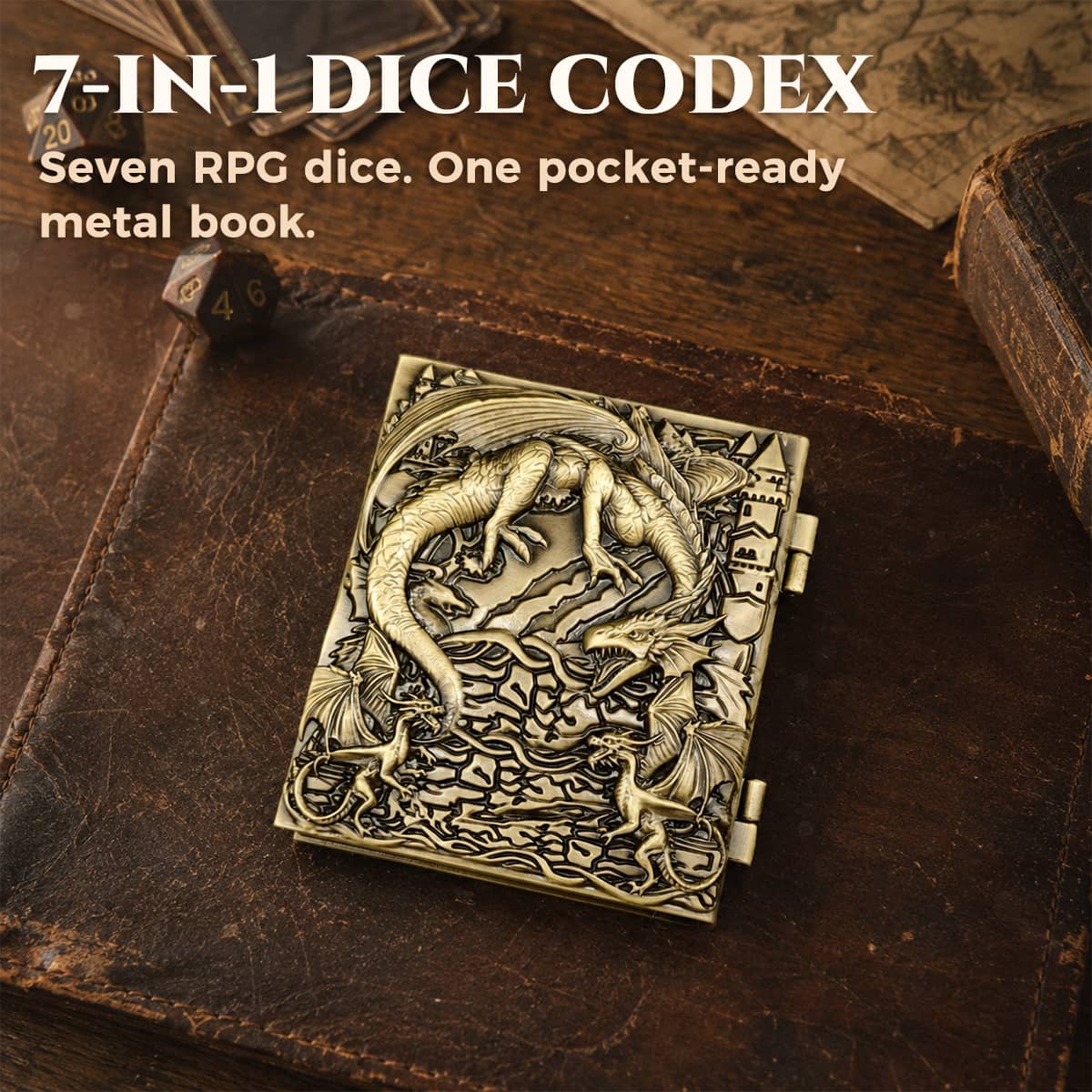 Closed antique bronze 7-in-1 dice codex with sculpted dragon cover.