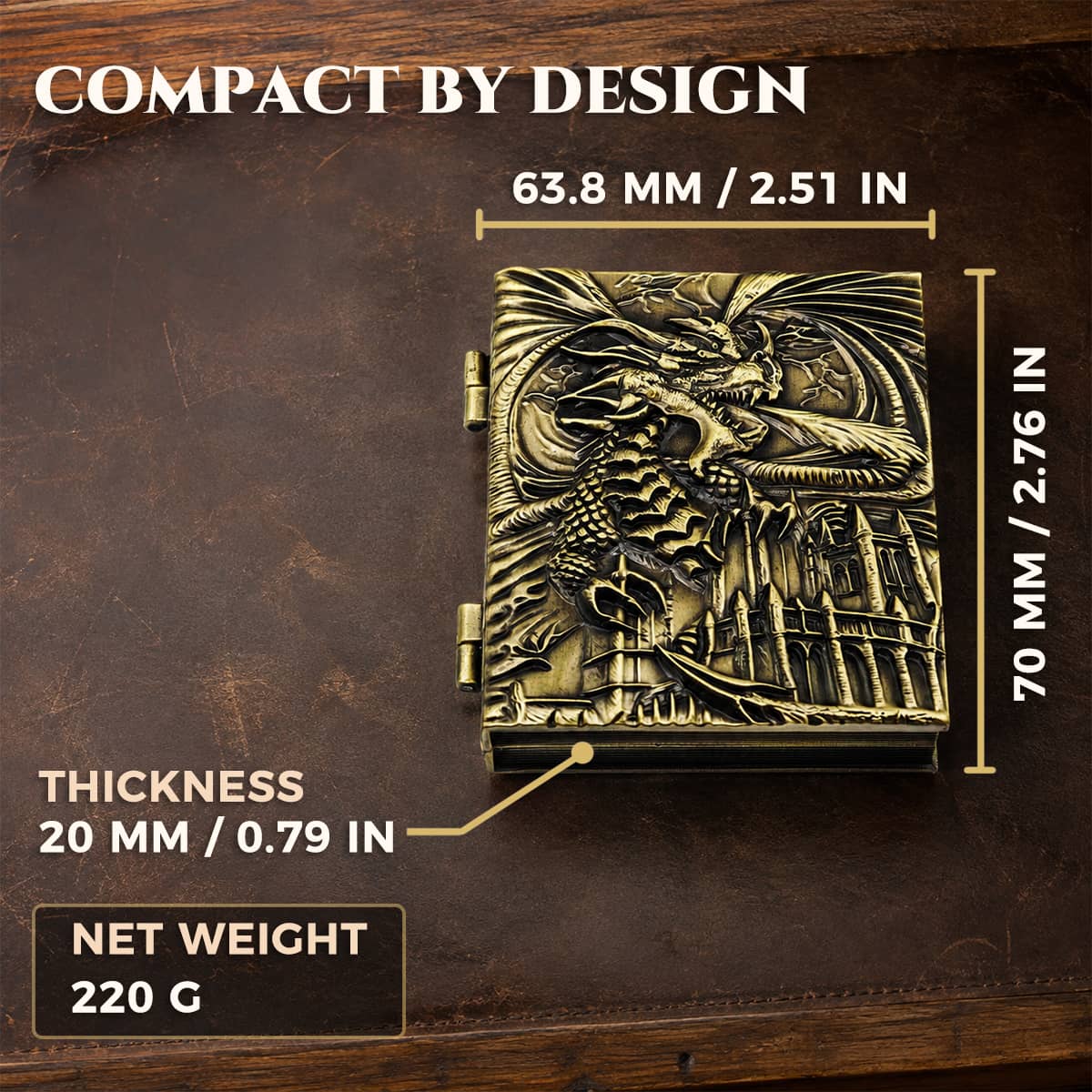 Dice codex dimensions showing 70 by 63.8 by 20 mm and a net weight of 220 g.
