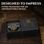 Antique gold reloadable metal dice set fitted inside a black presentation gift box.