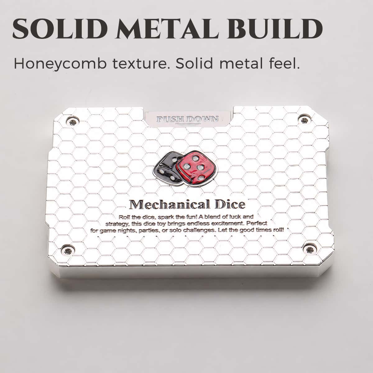 Back of the white mechanical dice card with honeycomb texture, screws and instruction plate.