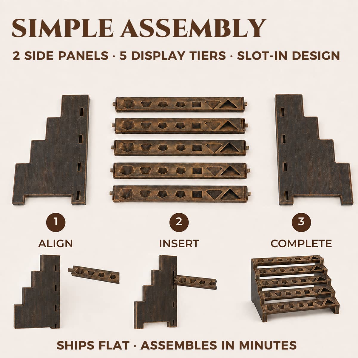 Flat-pack five-tier dice display showing two side panels, five shelves and assembly steps.