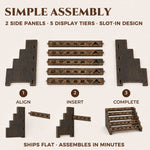 Flat-pack five-tier dice display showing two side panels, five shelves and assembly steps.