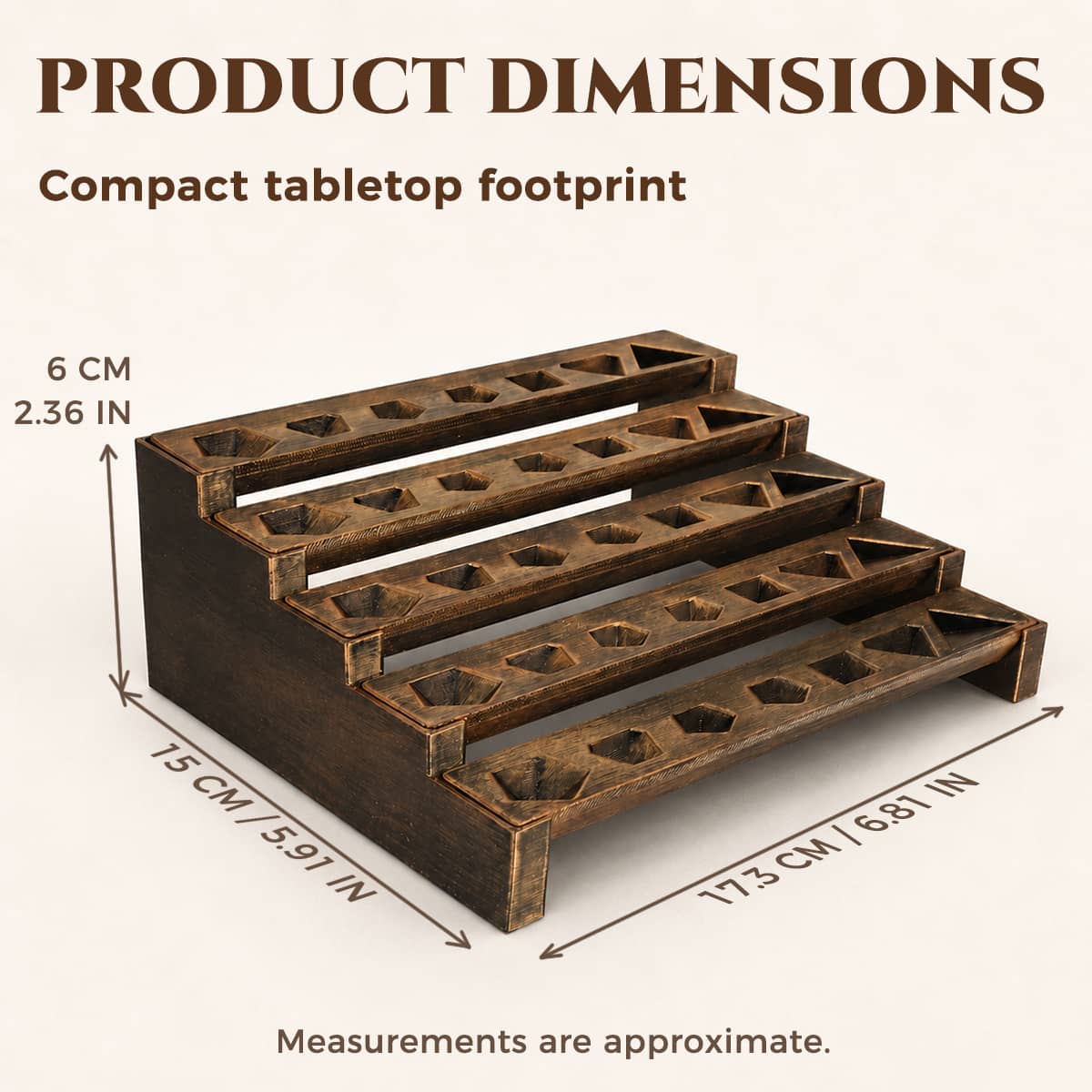 Five-tier dice display dimensions showing a 17.3 by 15 by 6 cm tabletop footprint.