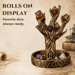 Ancient tree dice display holding polyhedral dice in its branches and circular base tray.