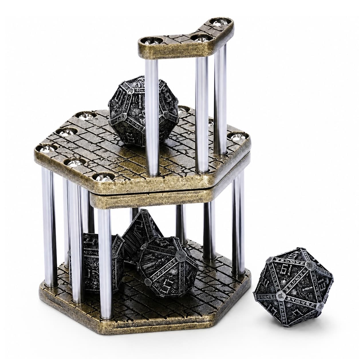 Two-level metal dice jail with silver bars, dungeon floor panels and a black D20.