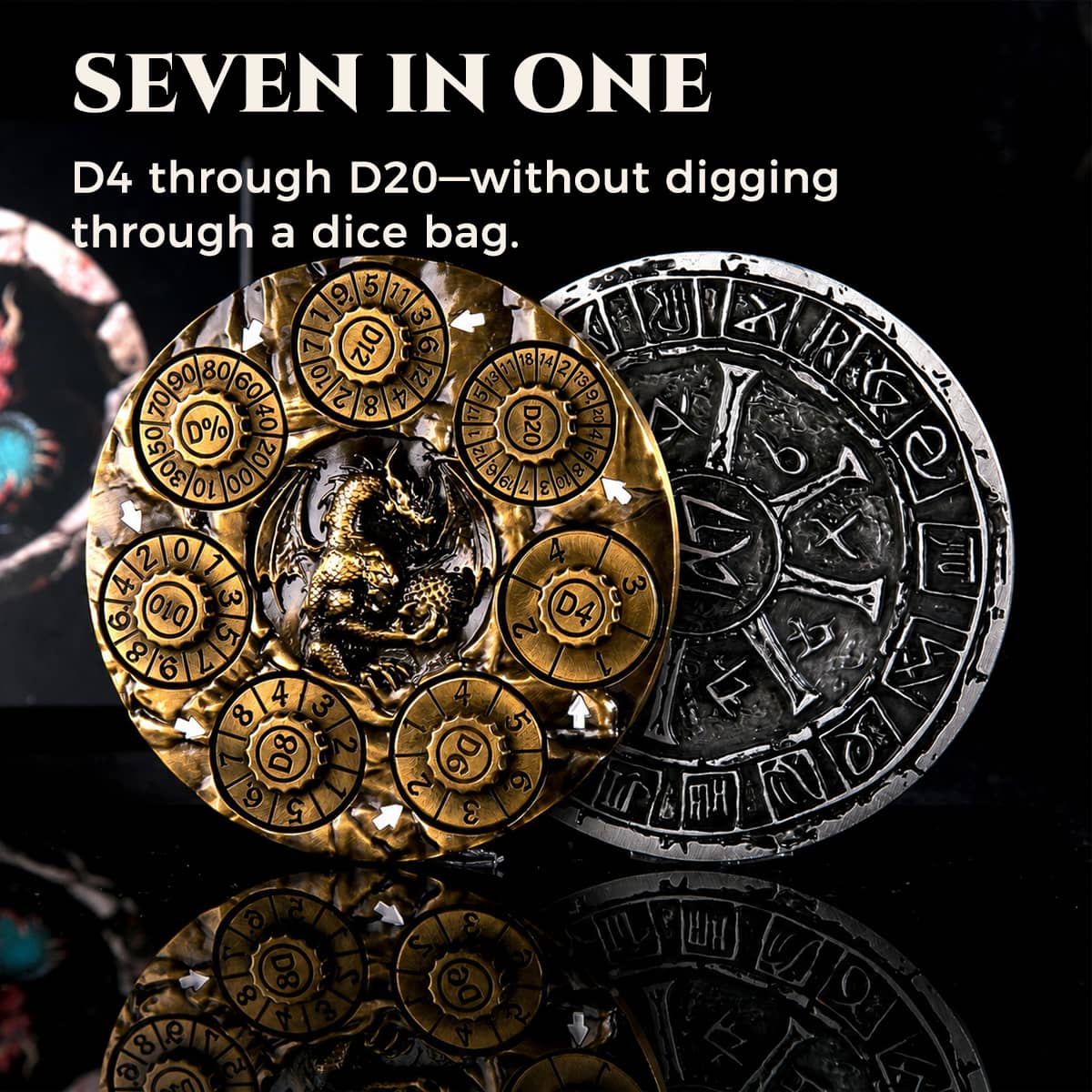 Gold, rose gold and silver 7-in-1 metal dice spinners showing seven numbered dials.