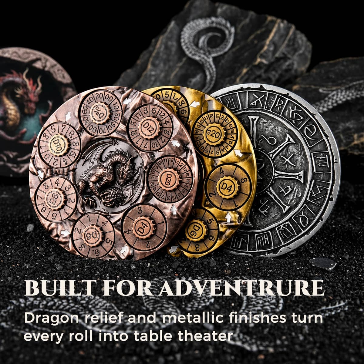 Rose gold, gold and silver dragon dice spinners displayed against a dark fantasy backdrop.