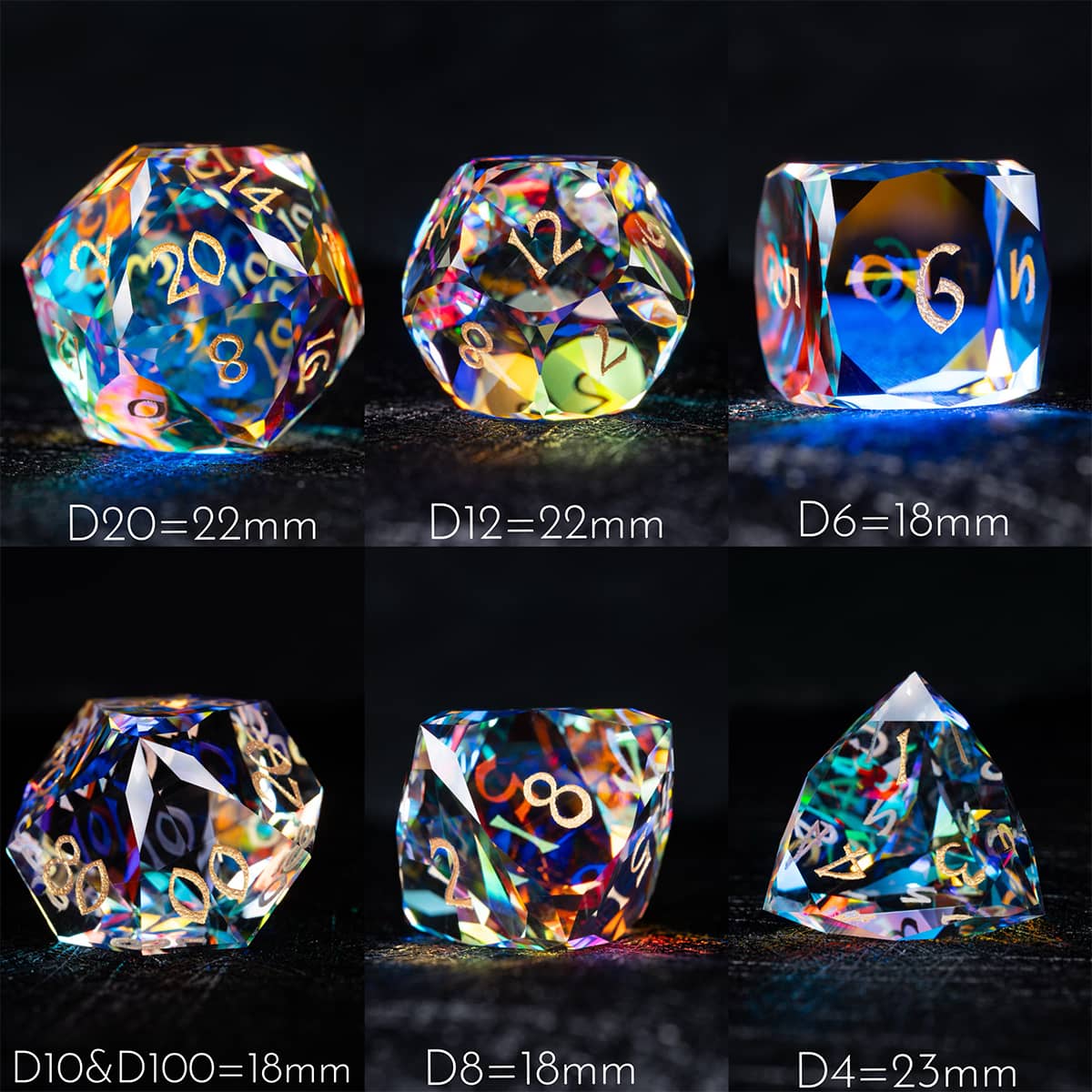 Glass dice size guide: D20 and D12, 22 mm; D6, D8, D10 and D100, 18 mm; D4, 23 mm.