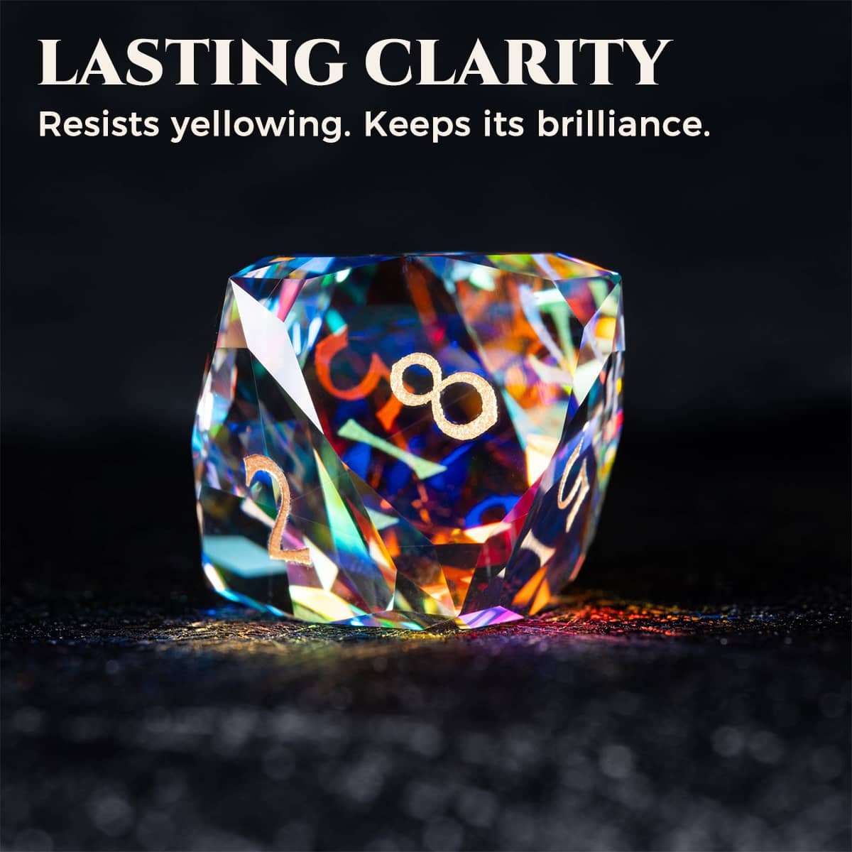 Faceted glass die with rainbow reflections and gold-tone numbers, under a Lasting Clarity heading.