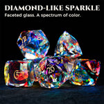 Seven faceted glass dice with rainbow reflections and gold-tone numbers on black, under a Diamond-Like Sparkle heading.