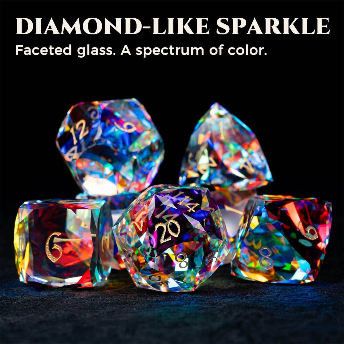 Seven faceted glass dice with rainbow reflections and gold-tone numbers on black, under a Diamond-Like Sparkle heading.